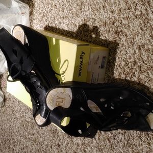 Fly London Black Wedge Sandals